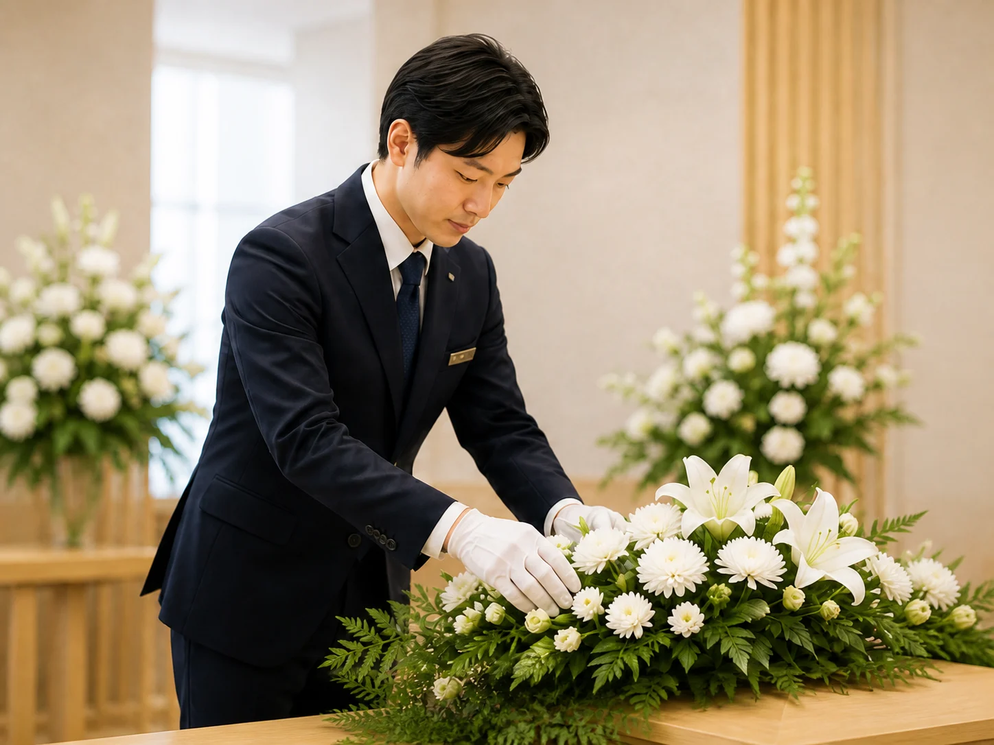 葬儀会館で生花を整える葬祭スタッフ